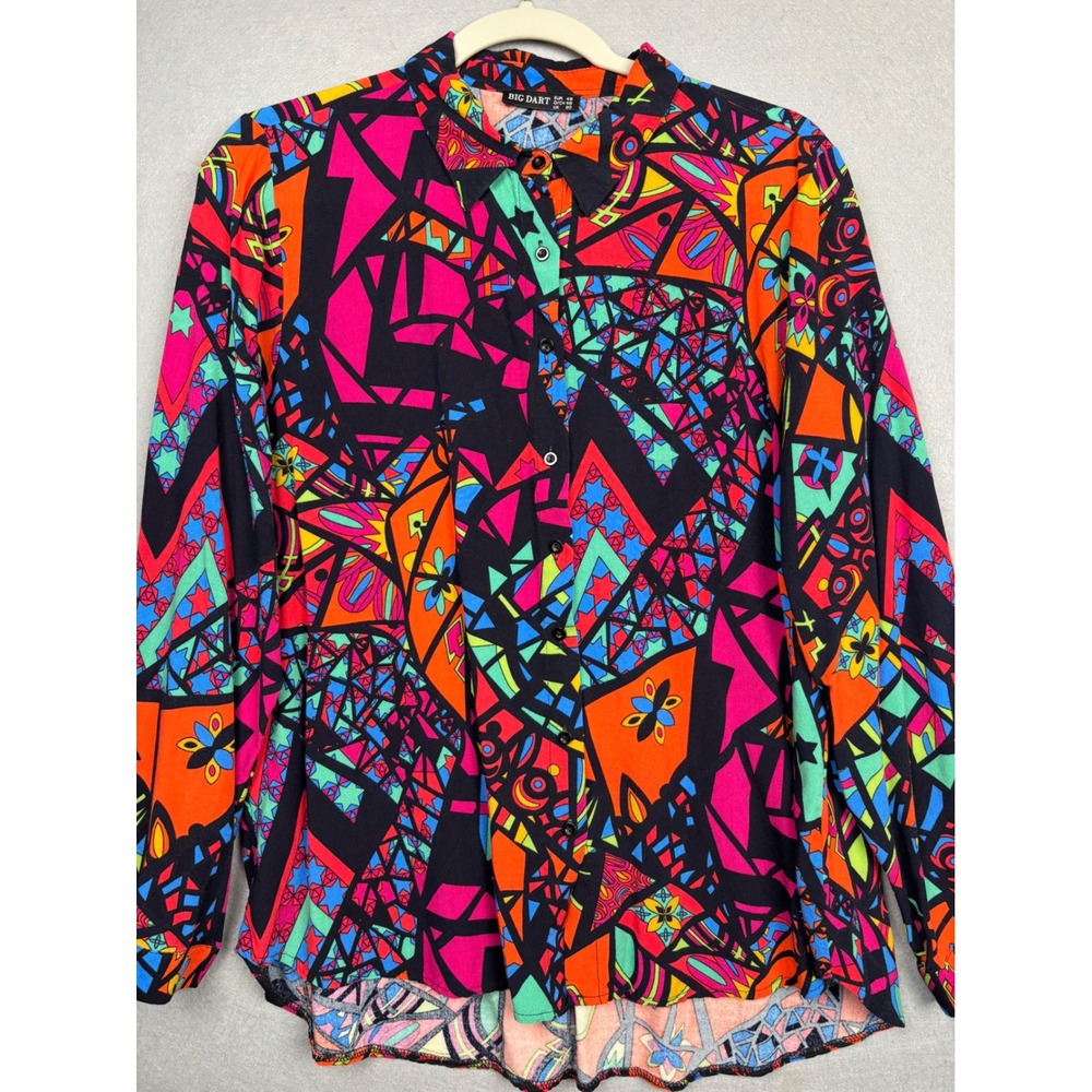BIG DART Blouse Womens 20W Plus Geometric Abstract Print Button Down